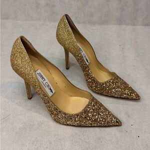 JIMMY CHOO Romy / Abel Pumps SZ 35 Gold Glitter Stiletto Pointed Toe